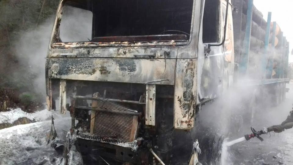 На Львівщині майже вщент згоріла вантажівка, завантажена деревиною