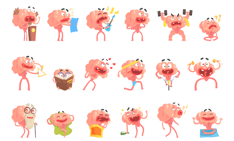 Humanized Brain Cartoon Character With Arms And Legs Funny Life Scenes And Emotions Set Of Illustrations