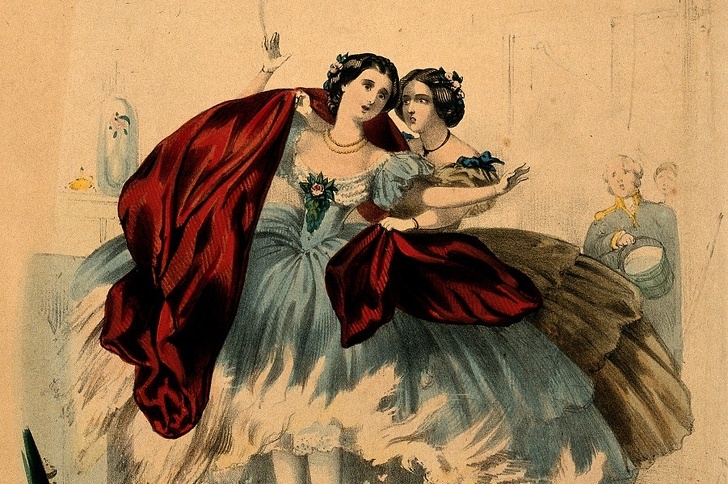V0048935 Women wearing crinolines set on fire, ca. 1860, lithograph