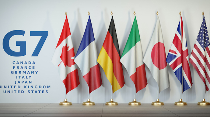 G7 summit or meeting concept. Row from flags of members of G7 group of seven and list of countries,