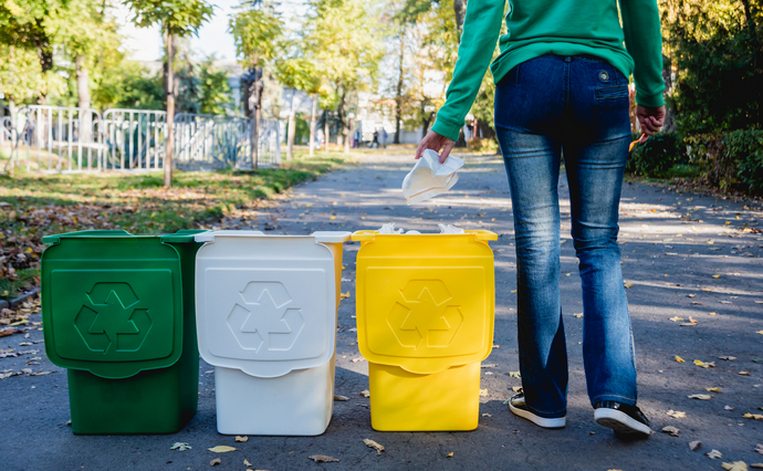 Volunteer girl sorts garbage in the street of the park. Concept of recycling. Zero waste concept. Nature