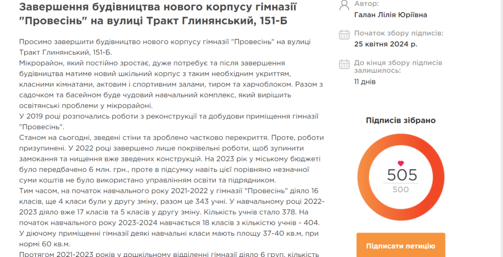 Петиція про завершення будівництва нового корпусу гімназії «Провесінь» у Львові набрала достатню кількість підписів - 2