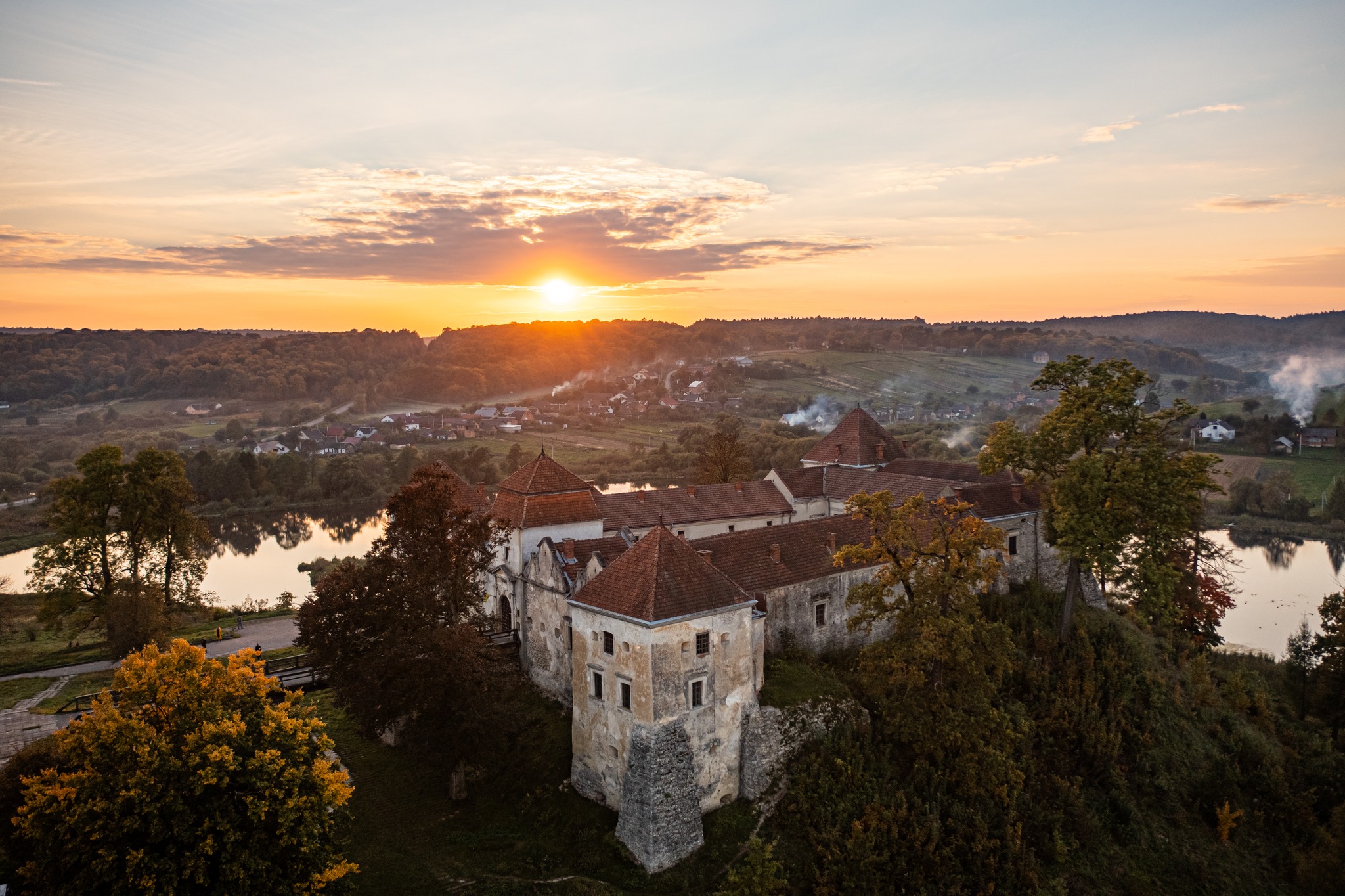 Aerial view on Svirzh castle in Lviv region, Ukraine from drone