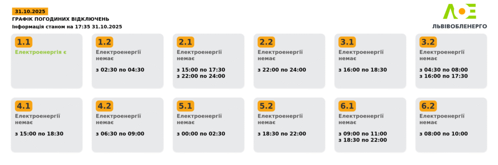 Як вимикатимуть світло на Львівщині 31 жовтня (оновлено) - 2