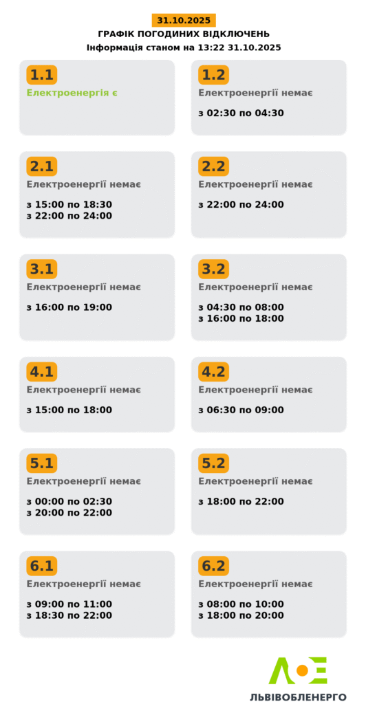 Як вимикатимуть світло на Львівщині 31 жовтня (оновлено) - 2