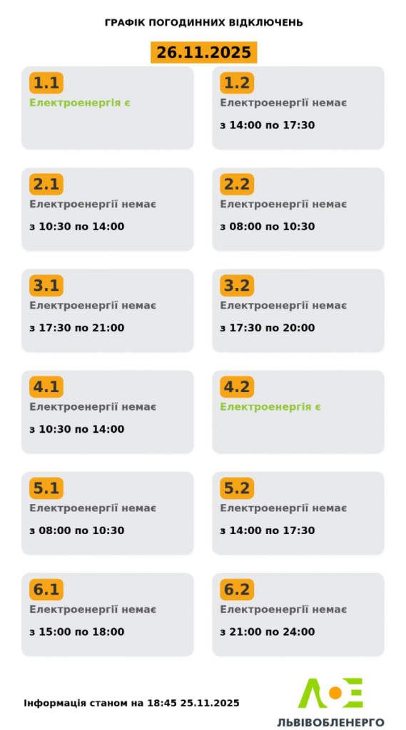 Як вимикатимуть світло на Львівщині 25 та 26 листопада (ОНОВЛЕНО) - 3