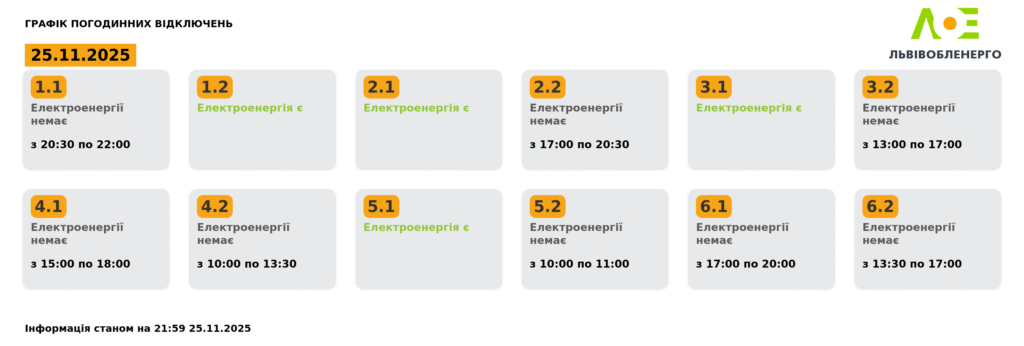 Як вимикатимуть світло на Львівщині 25 та 26 листопада (ОНОВЛЕНО) - 2