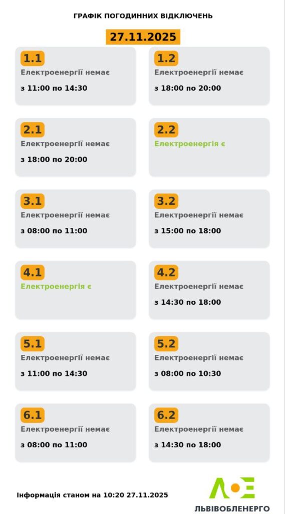 Як вимикатимуть світло на Львівщині 27 листопада (оновлено) - 2