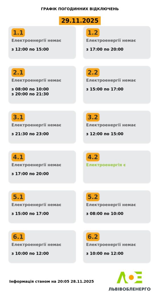 Як вимикатимуть світло на Львівщині 29 листопада - 2