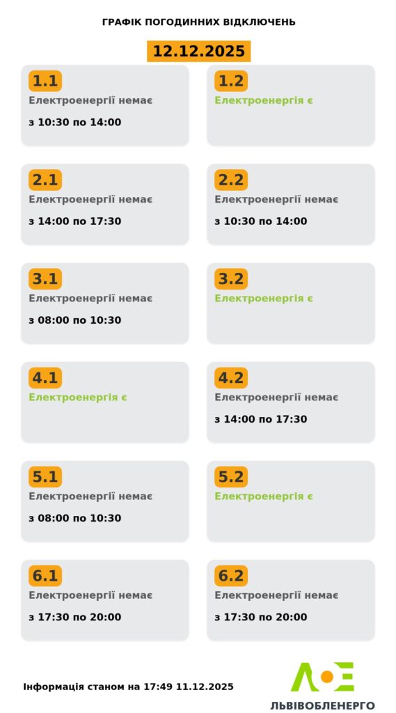 Як вимикатимуть світло на Львівщині 12 грудня - 1