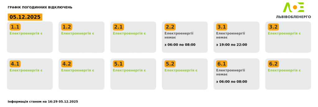 Як вимикатимуть світло на Львівщині 5 грудня (оновлено) - 2