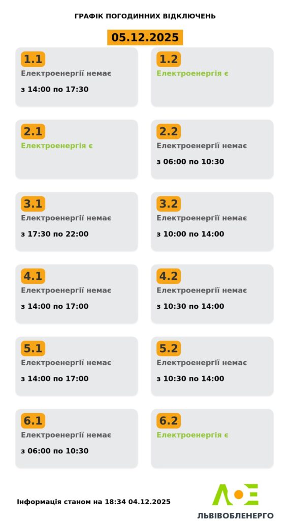 Як вимикатимуть світло на Львівщині 4 та 5 грудня (оновлено) - 2