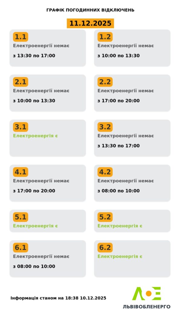 Як вимикатимуть світло на Львівщині 11 грудня - 2