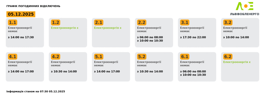 Як вимикатимуть світло на Львівщині 5 грудня (оновлено) - 2
