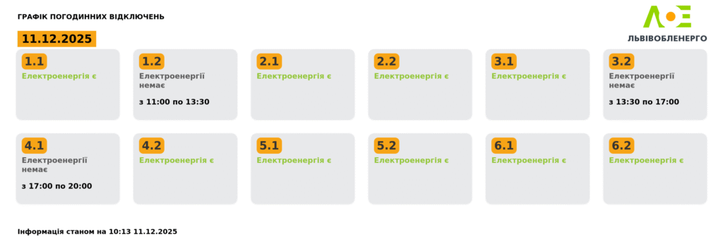 Як вимикатимуть світло на Львівщині 11 грудня - 2