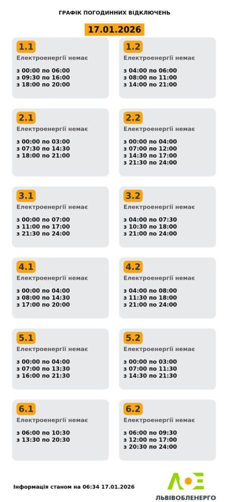 Графік відключень на 17 січня/«Львівобленерго»
