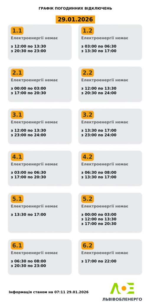 Як вимикатимуть світло на Львівщині 29 січня - 1