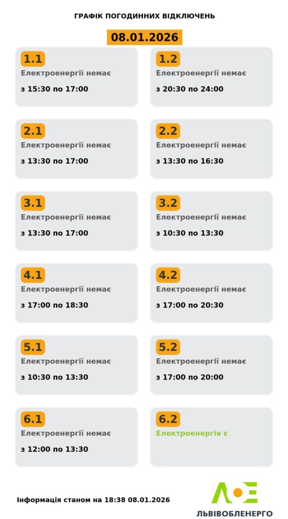 Як вимикатимуть світло на Львівщині 9 січня - 2