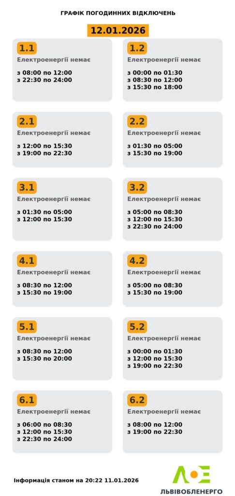 Як вимикатимуть світло на Львівщині 12 січня - 1