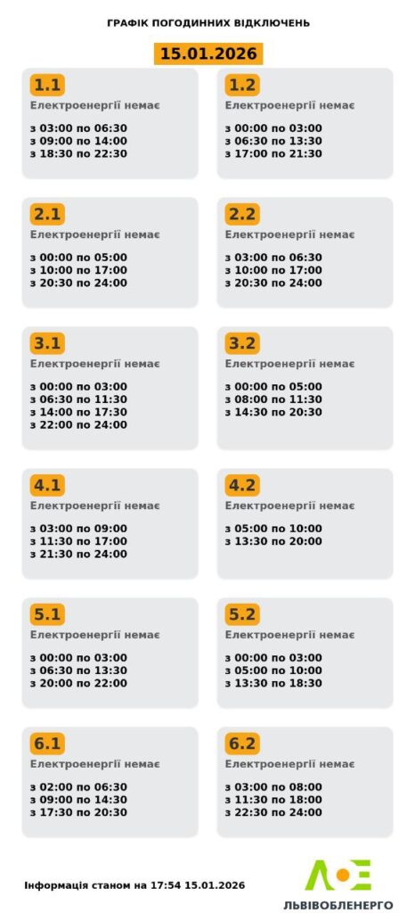 Як вимикатимуть світло на Львівщині 16 січня - 2