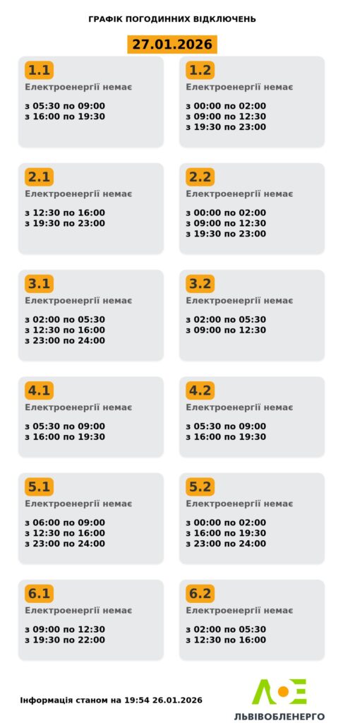 Як вимикатимуть світло на Львівщині 26 і 27 січня (оновлено) - 2