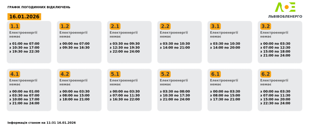 Як вимикатимуть світло на Львівщині 16 січня - 1
