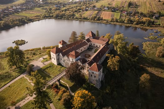 Aerial view on Svirzh castle in Lviv region, Ukraine from drone