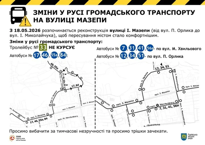 У Львові тимчасово не курсуватиме один з тролейбусів через ремонт на вулиці Мазепи - 1